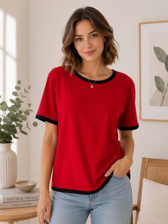 Yarnworks Tops - Vintage Yarnworks Red Black Trim Short Sleeve Sweater | M
